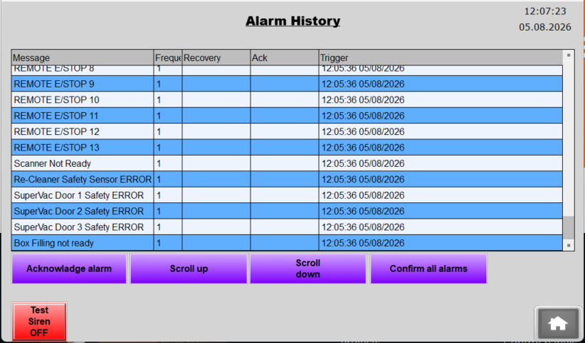 HMI alarm history screen